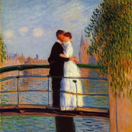 Image similar to young couple standing on a bridge over the seine in paris, claude monet, golden hour, detailed,