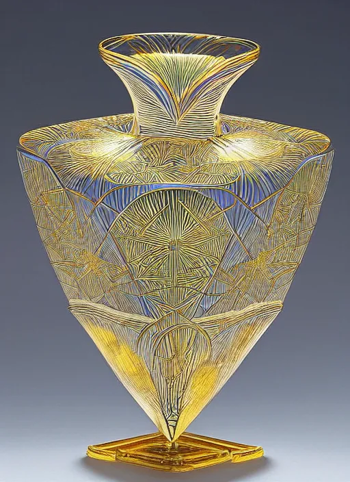 Prompt: Vase in the shape of impossible geometry by Escher, intricate gold threads, containing colorful flowers, designed by Rene Lalique