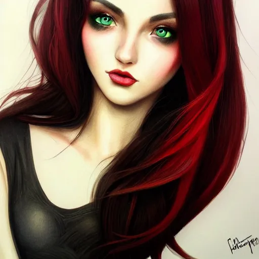 Image similar to a realistic illustration portrait of a beautiful cute girl with wavy black red hair, a pointy nose and, round chin black eyeliner, green eyes, trending on artstation, hyper - realistic lighting, intricate