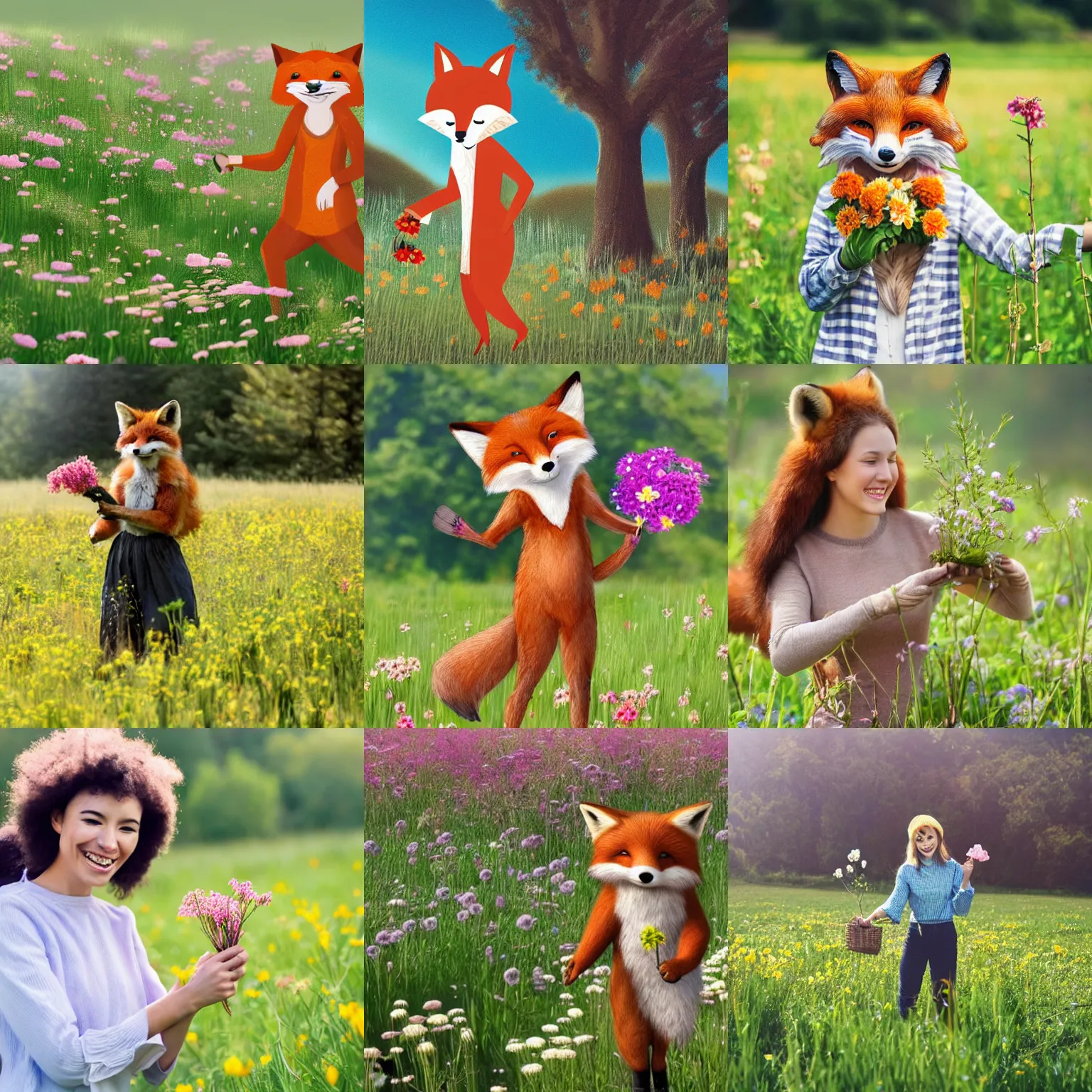 Prompt: Cute smiling anthropomorphic fox-woman picking flowers in a meadow