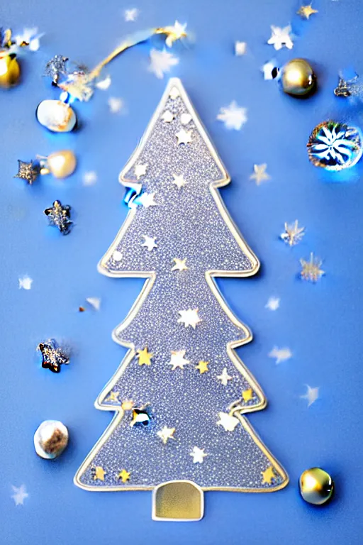 Image similar to flat sticker scandi christmas tree with kitsch glitzy baubles and stars and christmas robin bird decorations, silver sapphire blue white mood, smooth sharp focus