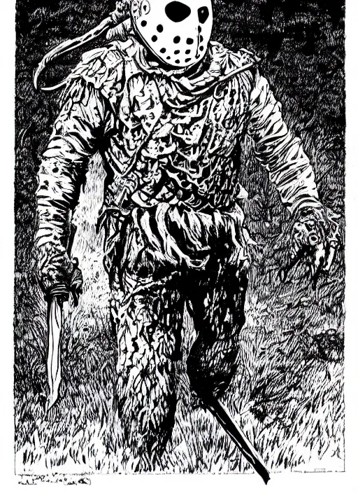 Image similar to Jason Voorhees as a D&D monster, pen-and-ink illustration, etching, by Russ Nicholson, DAvid A Trampier, larry elmore, 1981, HQ scan, intricate details, high contrast