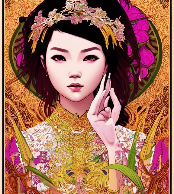 Prompt: beautiful and detailed digital illustration of thai rice princess by kittichai rueangchaichan and Ilya Kuvshinov, floralpunk, Artstation, art nouveau aesthetic, Alphonse Mucha background, intricate details,