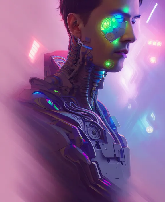 Image similar to a whirlwind inside the metaverse, guy, male, man, hologram, half body, neurochip, android, cyborg, cyberpunk face, by loish, d & d, fantasy, intricate, elegant, highly detailed, colorful, digital painting, artstation, concept art, art by artgerm and greg rutkowski and alphonse mucha