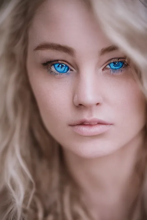 Image similar to a portrait of a blonde wonderful young woman, blue eyes, highly detailed, fujifilm 5 6 mm f 1. 2