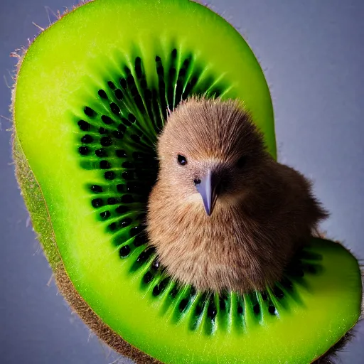 Prompt: realistic photograph of a kiwi bird holding a kiwi fruit, studio lighting, high quality, award winning