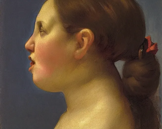 Prompt: colored portrait. the same style. a very unique profile, seen from the side, medium shot. fat face, a straight and long nose, and huge prominent eyes. she is singing to the sun. old photograph. sharp image. academicism, highly detailed, color harmony, art station, ornate, caravaggio style. old photography