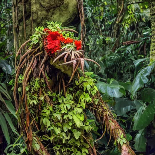 Image similar to jungle photograph of a creature with many vine limbs and a blooming flower head with teeth