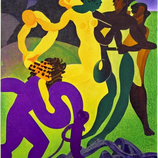 Prompt: oil on masonite painting by aaron douglas of a scene from greek mythology of medusa, green yellow and purple