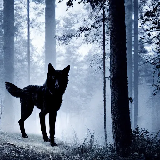 Prompt: a menacing pitch black wolf with red eyes stalking through a dark lonely forest, creepy, menacing, 8k, high detail