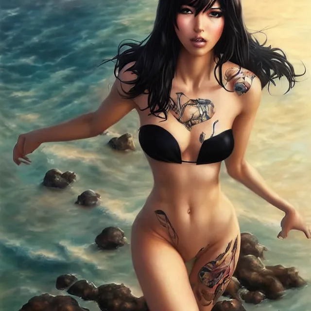 Image similar to full body wide angle portrait of beautiful girl cosplay with black hair in bikini without black strong makeup, clothes on, full body tattooed, art by stanley artgerm lau and artgem and wlop and magali villeneuve and karol bak and gennady ulybin