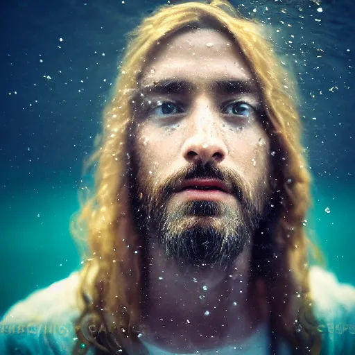 Prompt: portrait photograph of Jesus on cross underwater,super resolution. 85 mm f1.8 lens.bokeh.graflex. Alessio albi