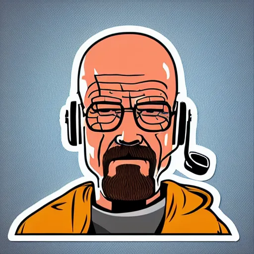 Image similar to a breaking-bad-walter-white, svg sticker, vector art, wearing headphones, jamming to music