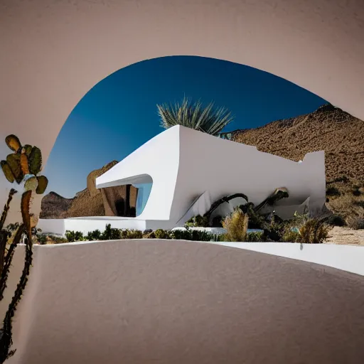 Prompt: white lego architect building in the dessert, with a lot plants and infinite pool