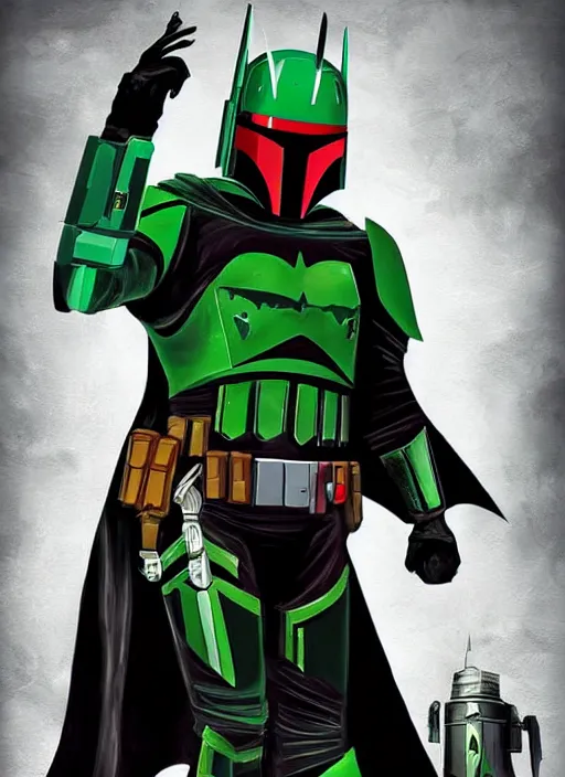 Image similar to batman x boba fett, digital art, character mashup, epic lighting, combination art