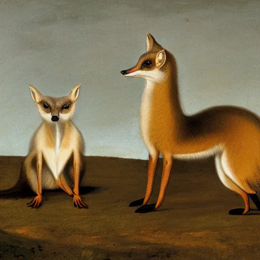 Prompt: group of long necked fox wolf rats wearing coats, by george stubbs