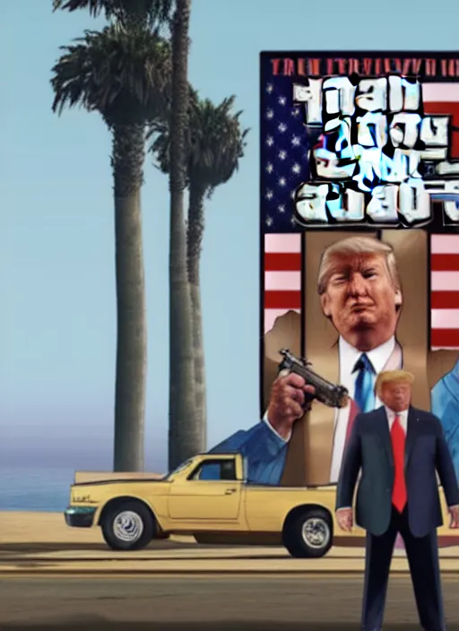 Prompt: gta 5 game poster showing donald trump with cardboard box outside mar - a - lago, wide shot,