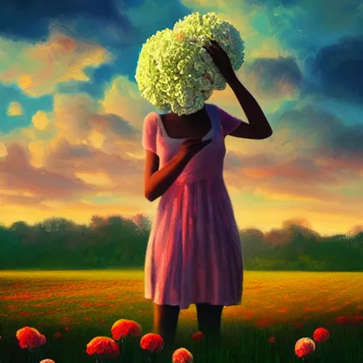 Image similar to head made of carnations flower, girl standing in a vast flower field, surreal photography, sunrise dramatic light, impressionist painting, colorful clouds, large sky, digital painting, artstation, simon stalenhag, flower face