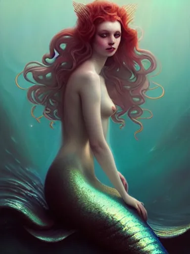 Image similar to mermaid by james jean, charlie bowater, tom bagshaw, nikolay makovsky, melanie delon : : enchanting, ethereal, magical, glowing, sparkle, prismatic, portrait, character design, illustration, hyperrealism, photorealism, digital art, concept art, dark fantasy, whimsy, weta, wlop, artstation