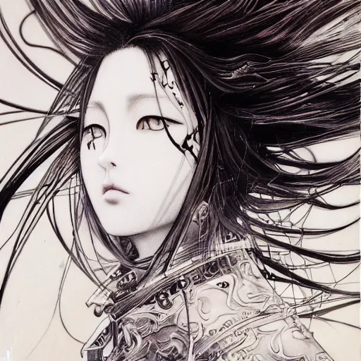 Image similar to yoshitaka amano realistic illustration of an anime girl with black eyes, wavy white hair fluttering in the wind and cracks on her face wearing elden ring armor with engraving, abstract black and white patterns on the background, noisy film grain effect, highly detailed, renaissance oil painting, weird portrait angle, three quarter view, head turned to the side