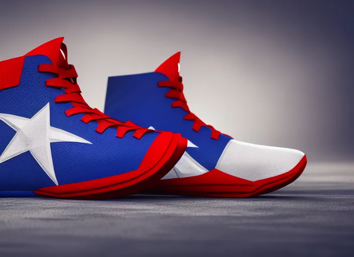 Prompt: basketball sneakers concept of captain america, digital, octane render, smooth, sharp focus