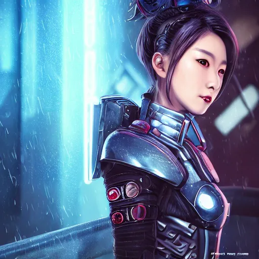 Image similar to An epic fantastic ultrarealism comic book style portrait painting of a female cyberpunk armor samurai, tzuyu from twice, blue and ice silver color armor, cyberpunk feel raining at tokyo rooftop, Concept world Art, unreal 5, DAZ, 8k, hyperrealistic, octane render, cosplay, RPG portrait, final fantasy artwork concept, dramatic lighting, rim lights