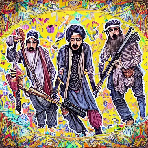 Image similar to taliban anarchy. symmetrical anatomy, very detailed design, complexity of the picture, with pop punk style, colorful, accompanied by body, pure image without duplication, dribble popular, drawn by vinicius gud and gustavo zambelli