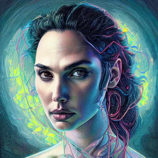 Image similar to portrait of gal gadot, hyper detailed masterpiece, neon floral pattern, jean giraud, digital art painting, darkwave goth aesthetic, psychedelic, artgerm, donato giancola and tom bagshaw