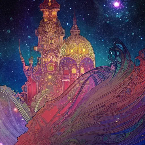 Image similar to a beautiful highly detailed digital art of colorful castle nebulas by, moebius, alphonse mucha, stars in the background, highly detailed, intricate design, cinematic view, 8 k resolution, trending on artstation