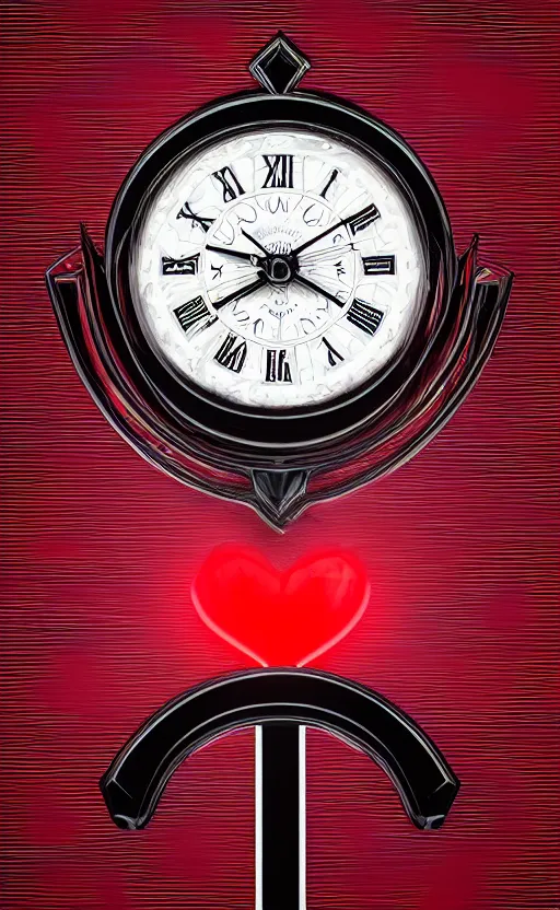 Image similar to a melting Roman numeral clock, behind a red and black gradient background, awith a black heart shaped on the top left corner and a black diamond card shape in the bottom right corner, dynamic lighting, photorealistic fantasy concept art, trending on art station, stunning visuals, cinematic, creative, ultra detailed