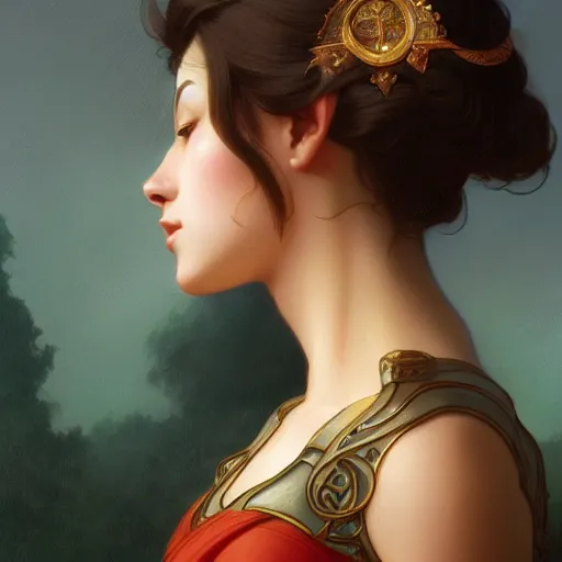 Prompt: side view portrait of a goddess, mickey mouse, intricate, elegant, highly detailed, digital painting, artstation, concept art, smooth, sharp focus, illustration, art by artgerm and greg rutkowski and alphonse mucha and william - adolphe bouguereau