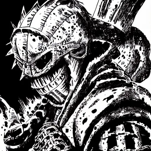 Image similar to Dorohedoro drawn by Kentaro Miura, upscaled, detailed,