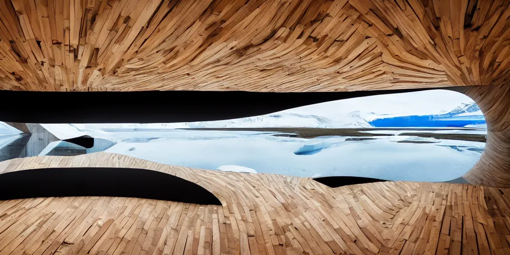 Image similar to futuristic architect house made from deconstucted ash wood and mirrors, floating, portal, refraction, iceberg, polar bear, iceland landscape photography, by lurie belegurschi and gunnar freyr