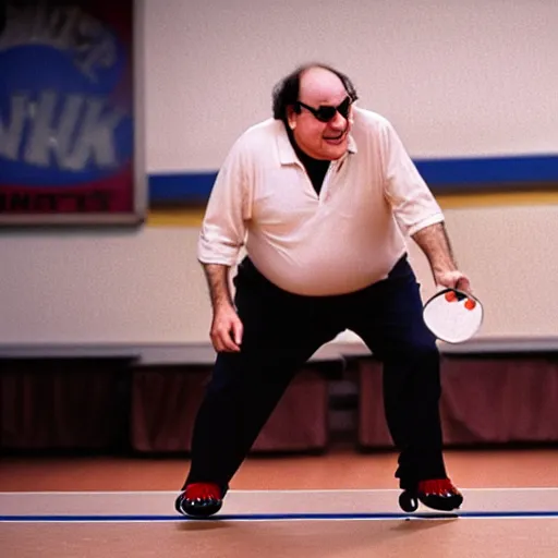 Prompt: danny de vito playing ping pong on skates