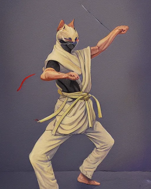 Image similar to a oil / watercolor painting full body character portrait of an anthromorphic cat martial artist / ninja in the style of moebius in the style of leonard boyarsky trending on artstation deviantart pinterest detailed photorealistic highlights and shadow hd 8 k post - processing high resolution