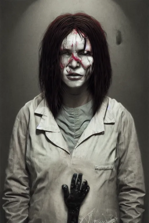 Image similar to grunge portrait of a creepy nurse girl wearing a straight jacket in a mental asylum, intricate artwork, nightmare fuel, terrifying, by beeple, les edwards , trending on artstation, greg rutkowski, cinematic, hyper realism, high detail, octane render, 8k