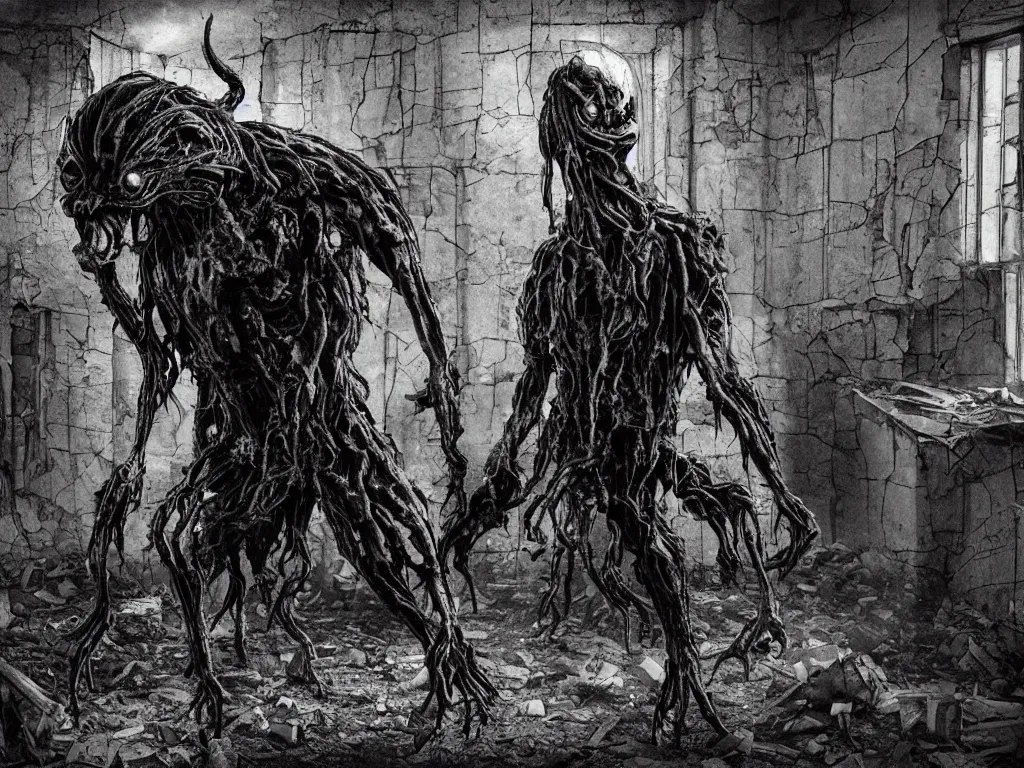 Image similar to mutant hunchback creature lurking in the corner of a room in an abandoned building, dirty windows, debris, tentacle beast, dust, bleak apocalyptic style, creepypasta, ominous vibe, sharp fangs