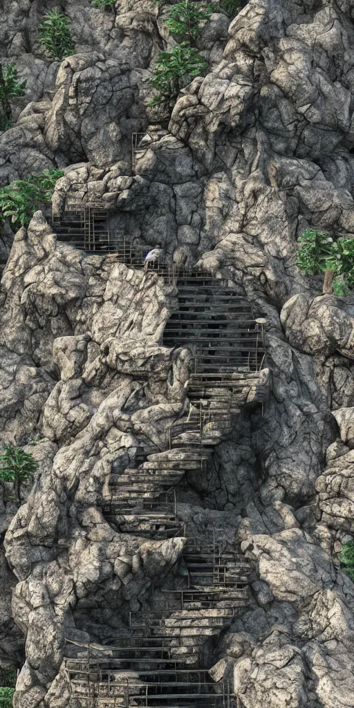 Prompt: kodak portra 4 0 0, photographic and realistic vast staircase carved into black rock cliff side, photorealistic, hyper detailed, 8 k, movie still, artstation, unreal engine,