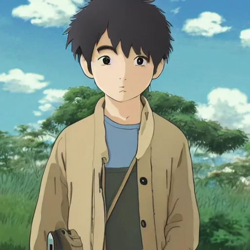 Image similar to friendly guy and small detailed animal , with Fragile looking character portrait face made in Studio Ghibli artstyle ,highly detailed art, beautiful scene, sharp focus, smooth, 8k, anime art, fantasy, style in ghibli anime style, fantasy, island,8k