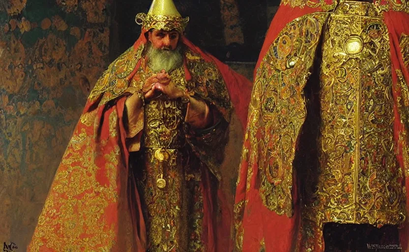 Prompt: high quality high detail painting by ilya repin, the holy priest, intricate costume design, orientalist, partially gold, ornate, elite, luxury, hd