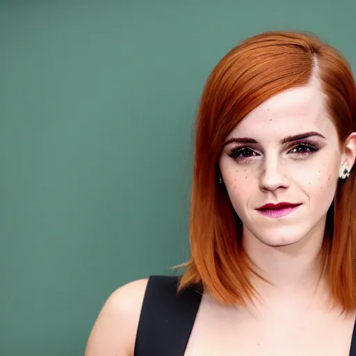 Image similar to redhead emma watson smiling, wearing green latex, close up portrait photo, 8 k,