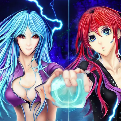 Prompt: two identical gorgeous female mages facing off, highly detailed anime art