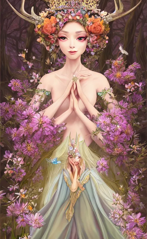 Prompt: A beautiful fantasy empress, highly detailed full body, just one head, amazing flower tiara, long hair, wearing aristocrat robe, delicate figure, field of flowers, among foxes and deer, epic composition, ultra wide-shot, dynamic pose, concept art, beautifully lit, person center composition, digital painting, smooth, character design, sharp focus, elegant, intricate, trending on artstation, by WLOP and James Jean and Victo Ngai