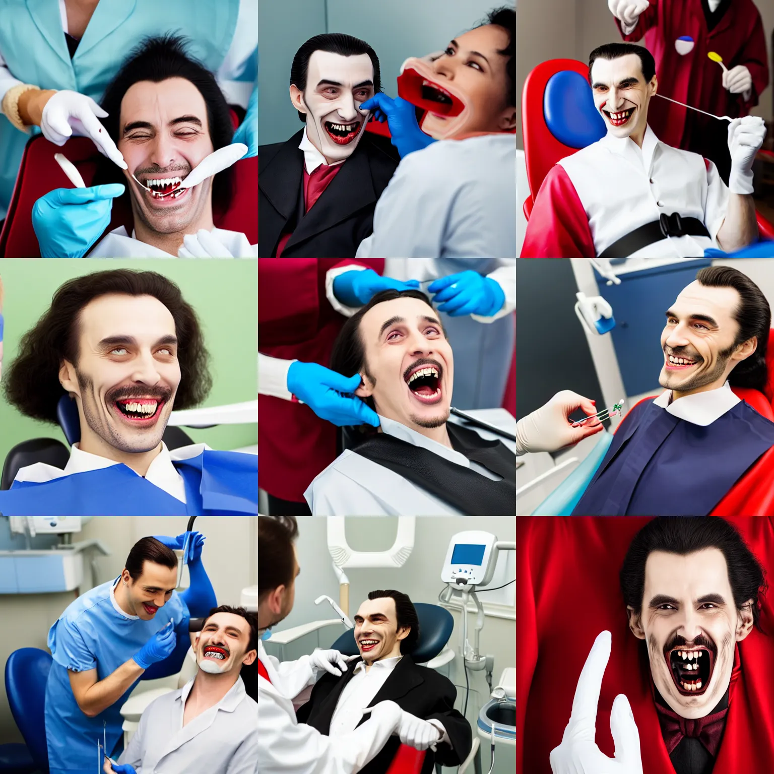 Prompt: dracula at the dentist, cheerful, relaxed, smiling