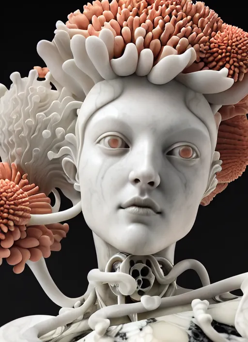 Image similar to portrait of an absurdly beautiful marble statue made of biomechanical corals, daisies, well contoured smooth fair walls, carrying a bottle of perfume, up close shot, sharp focus, global illumination, radiant light, alexandre ferra white mecha, irakli nadar, octane highly render, 4 k, ultra hd,