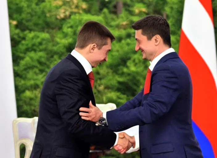 Prompt: Vladimir Putin and Volodymyr Zelensky hugging each other after signing the peace treaty