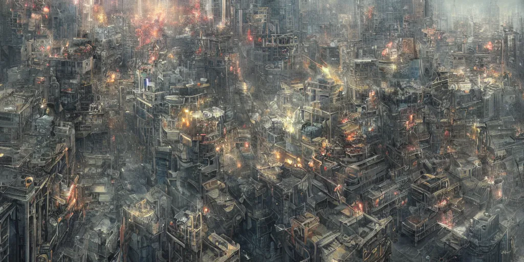 Prompt: an aerial view of tokyo after a zombie apocalypse, by tony diterlizzi and by brom and by wlop, crowded, beautiful digital painting, volumetric lightning, intricate details, by art germ, by greg rutkowski, vibrant deep colors, amazing fantasy art, clear sharp image, dehazed image