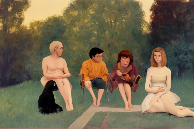 Prompt: beautiful painting of friends, beautiful faces, sitting on the edge, cute, soft light, digital painting by diane arbus and ralph mcquarrie and harry bertoia