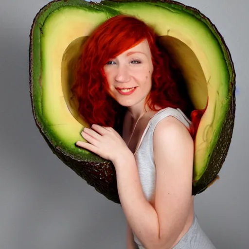 Image similar to red headed young woman inside a giant avocado