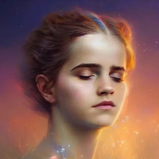 Prompt: a beautiful portrait of a beautiful cloud goddess with numerous tiny birds flying in the background and closed eyes, colorful galaxy theme colors, cloud hair, Emma Watson, ultra-realistic digital art by Greg Rutkowski and Raymond Swanland, Trending on Artstation, ultra-realistic digital art